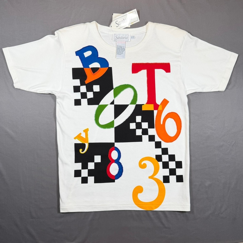 Santoria Vintage Graphic Beaded T-Shirt White Cotton‎ Shoulder Pads NWT Small